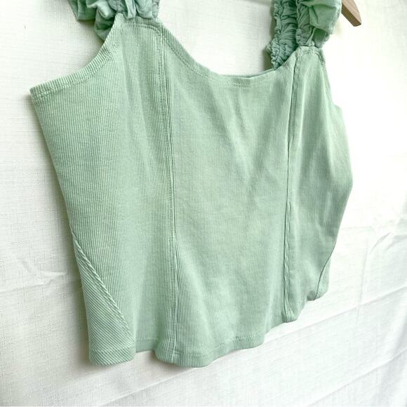 ANTHROPOLOGIE Puff Sleeve Cropped Tank Top Size L Mint Cottagecore Ribbed Cotton - Picture 2 of 11